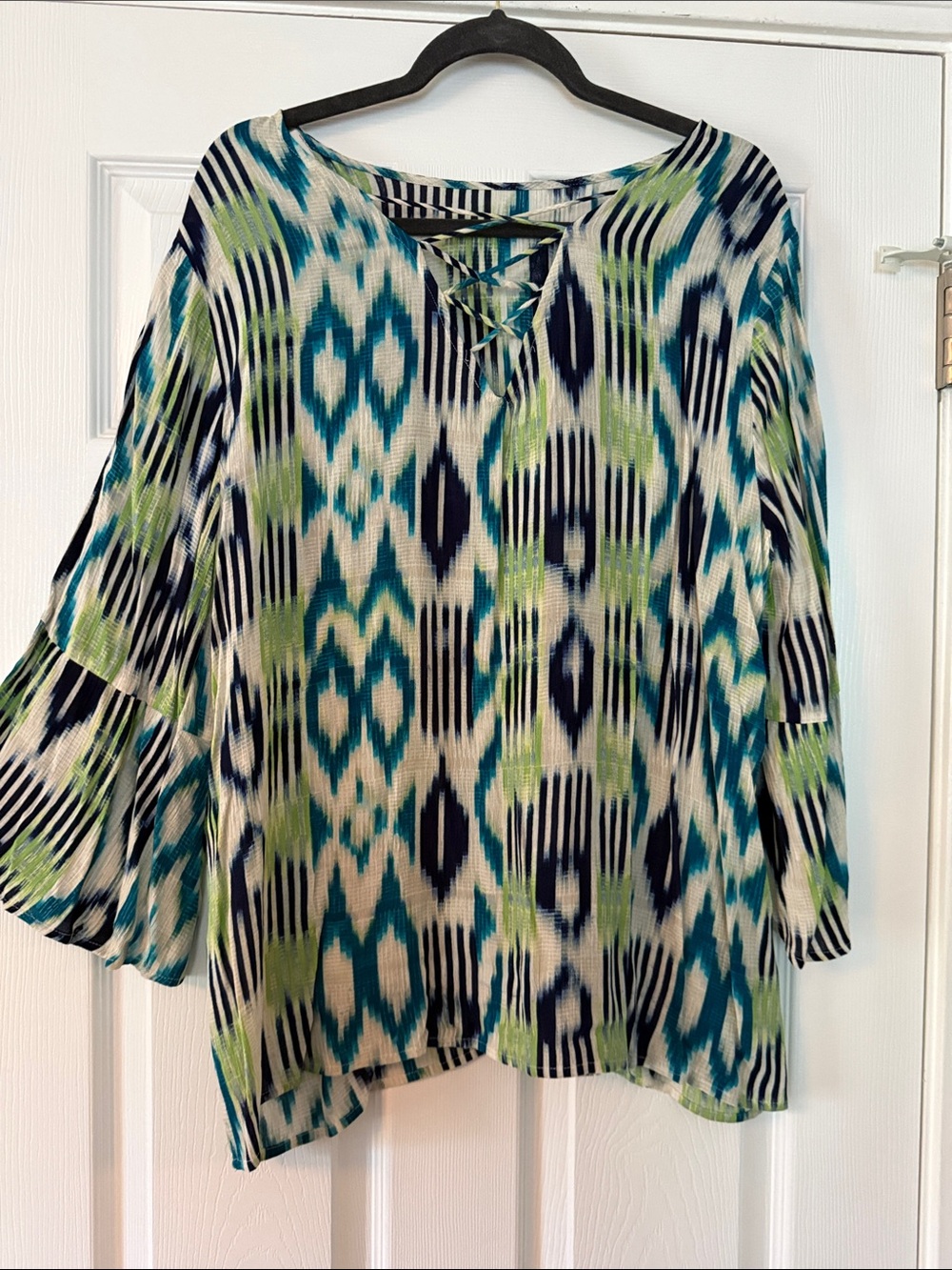 Chico's Blue, Green & Navy Ikat Lace-Up Tunic